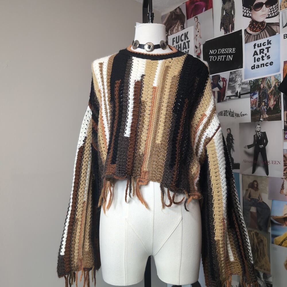 Cropped Crochet Knit Sweater Boho Fringe